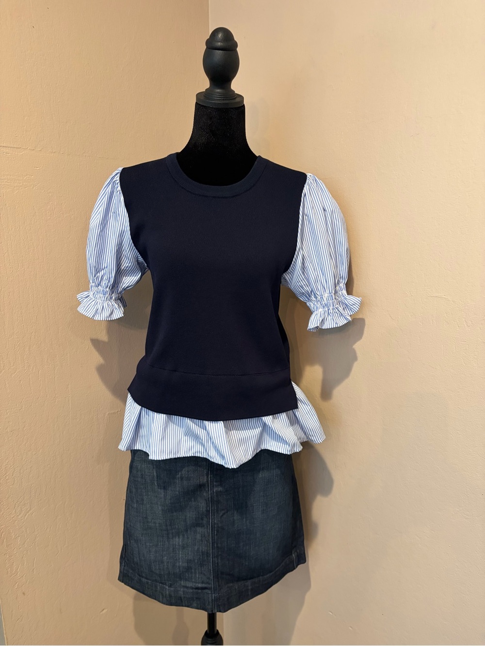Nanette Lepore Navy Knit Vest w/ Light Blue & White Striped Peek-a-Boo Blouse - Picture 6 of 6